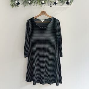 Garnet Hill Black White Striped Round Neck Elbow Sleeve Shirt Dress Large 6-6984